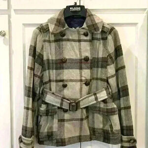 American Eagle Women's Pea Coat  S/P Small Gray Plaid Wool Blend Belt